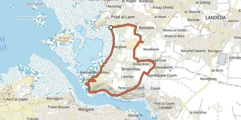 Carte du tracé de Balade de Broënnou sur le Plan IGN, départ et points de passage numérotés