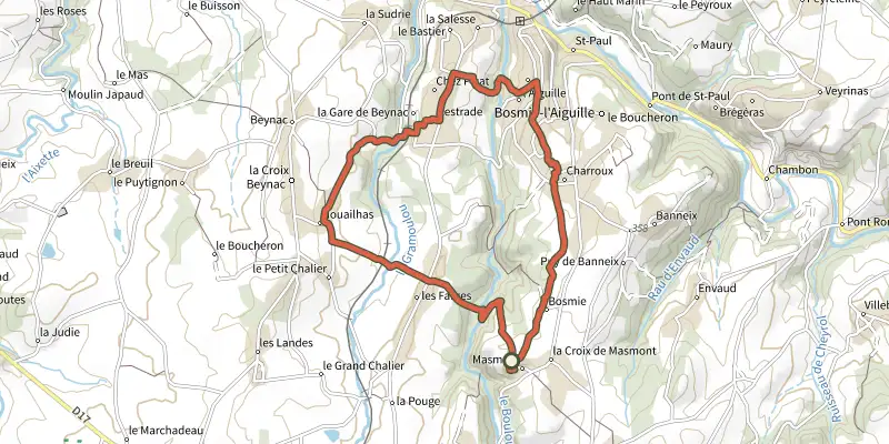 Carte du tracé de Sentier des Écrevisses sur le Plan IGN, départ et points de passage numérotés