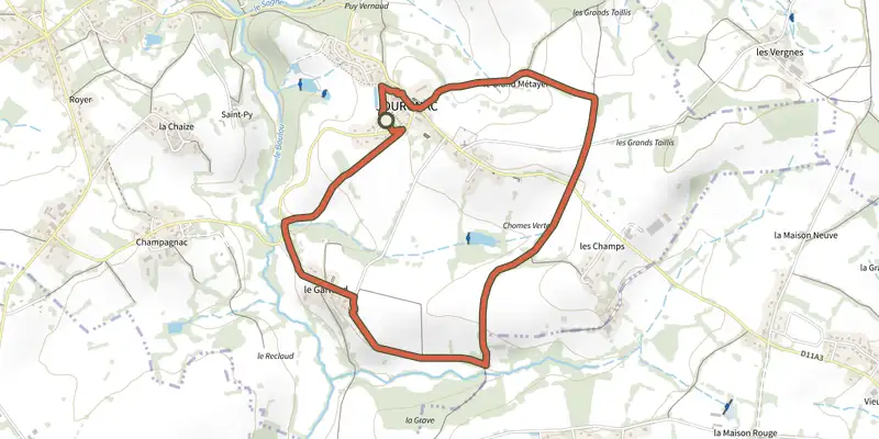 Carte du tracé de Chemin des Écoliers sur le Plan IGN, départ et points de passage numérotés