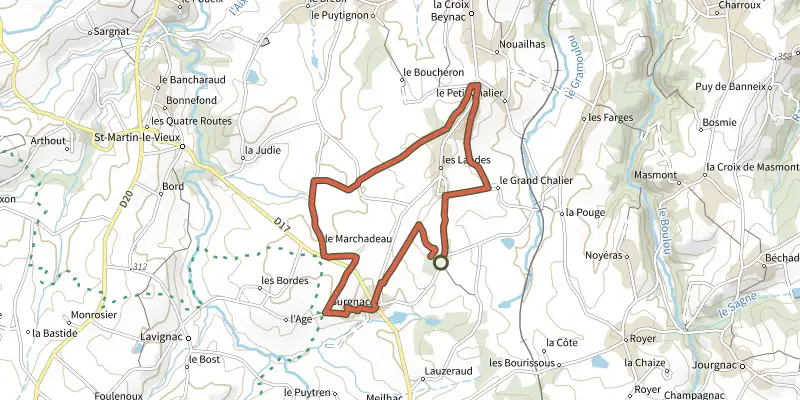 Carte du tracé de Le Grand Itinéraire sur le Plan IGN, départ et points de passage numérotés