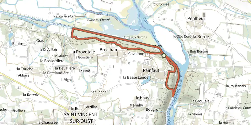 Carte du tracé de Circuit de l'écluse de la Maclais sur le Plan IGN, départ et points de passage numérotés