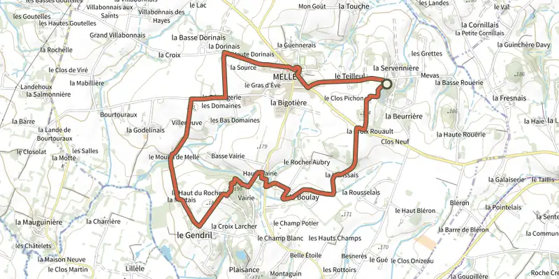 Map of the circuit Pierres et Nature track on the IGN map, with the start and numbered waypoints