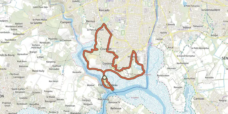 Map of the Les Rives de Vannes track on the IGN map, with the start and numbered waypoints