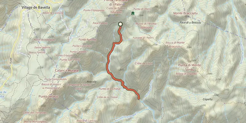 Carte du tracé de Chemin du Carciara amont sur le Plan IGN, départ et points de passage numérotés