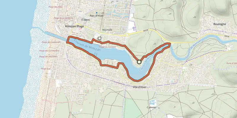 Carte du tracé de Sentier des Aigrettes sur le Plan IGN, départ et points de passage numérotés