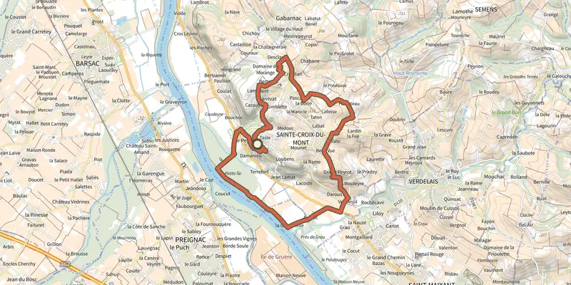 Carte du tracé de Boucle de Sainte-Croix sur le Plan IGN, départ et points de passage numérotés