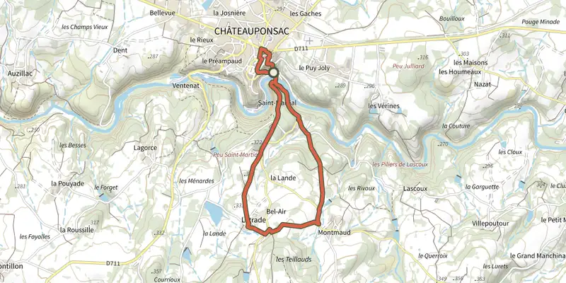 Map of the sentier de Létrade track on the IGN map, with the start and numbered waypoints
