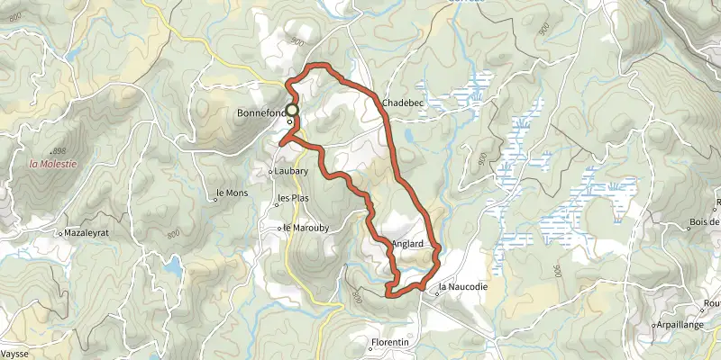 Carte du tracé de Le Moulin de Chadebec sur le Plan IGN, départ et points de passage numérotés