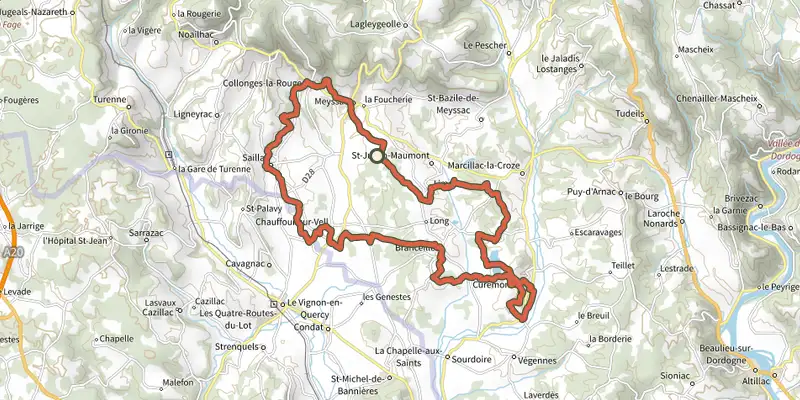 Carte du tracé de Boucle de Curemonte sur le Plan IGN, départ et points de passage numérotés