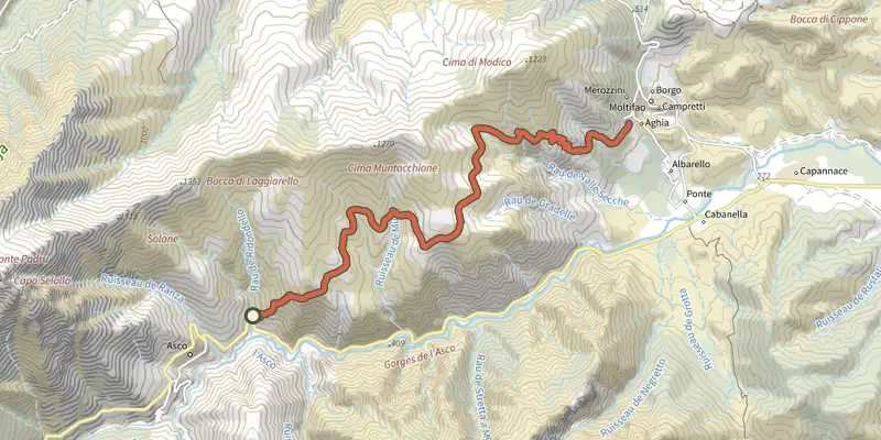 Map of the Sentier de l'Altare track on the IGN map, with the start and numbered waypoints