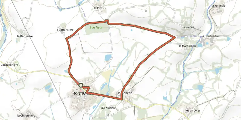 Map of the La Marandière track on the IGN map, with the start and numbered waypoints
