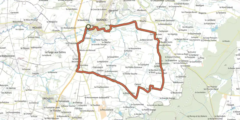 Carte du tracé de Circuit des onze villages sur le Plan IGN, départ et points de passage numérotés
