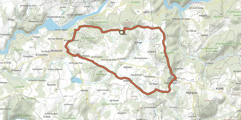 Carte du tracé de Les Hauts de Bujaleuf sur le Plan IGN, départ et points de passage numérotés