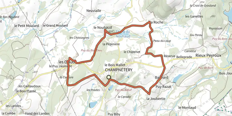 Map of the Circuit des trois puys track on the IGN map, with the start and numbered waypoints