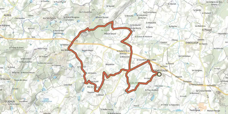 Map of the Chemin de l’âme de l’âne au Rio Négro track on the IGN map, with the start and numbered waypoints