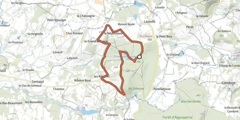 Map of the Sentier de l’étang des Landes track on the IGN map, with the start and numbered waypoints