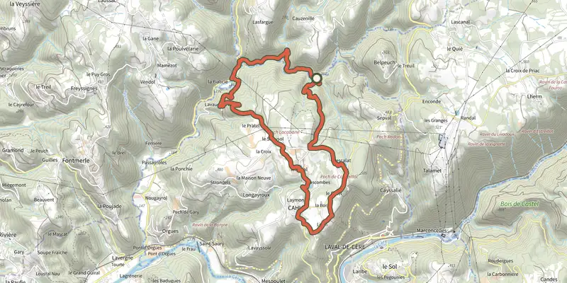 Carte du tracé de La boucle du Ségala sur le Plan IGN, départ et points de passage numérotés