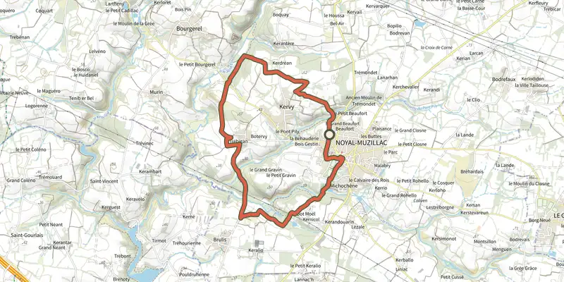 Carte du tracé de Circuit des Moulins sur le Plan IGN, départ et points de passage numérotés