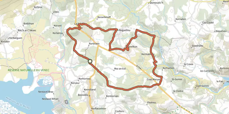 Carte du tracé de Circuit de Roc'h ar Bic sur le Plan IGN, départ et points de passage numérotés