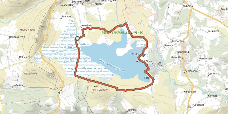 Map of the Circuit pédestre du Yeun Elez track on the IGN map, with the start and numbered waypoints
