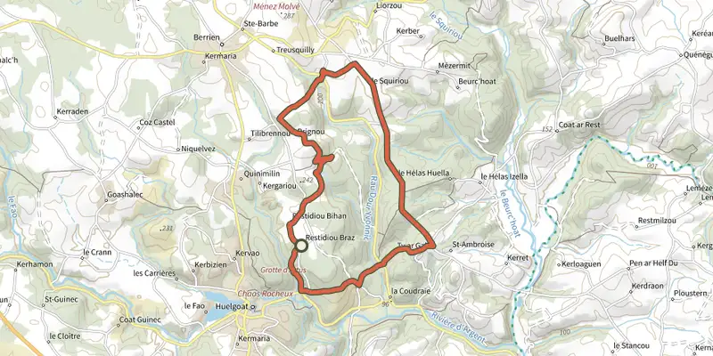 Carte du tracé de Circuit des Chevreuils sur le Plan IGN, départ et points de passage numérotés