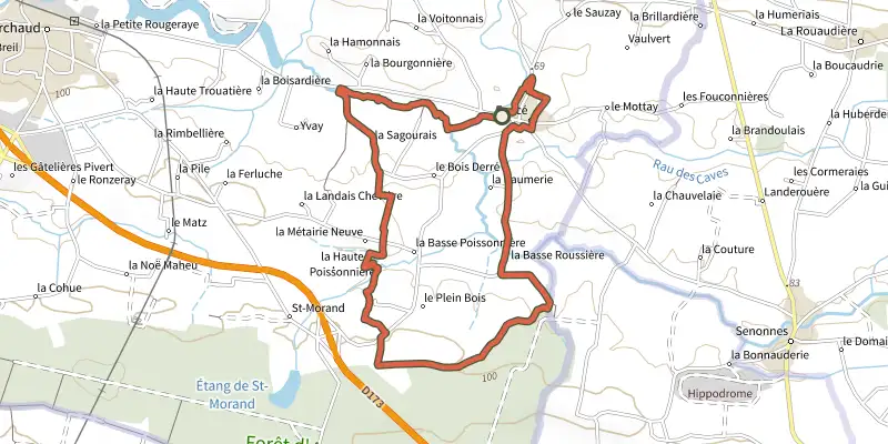 Map of the Entre Araize et Semnon track on the IGN map, with the start and numbered waypoints