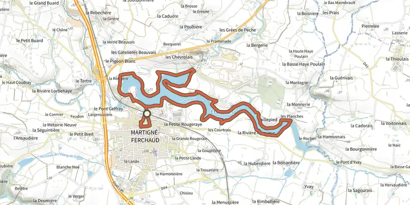 Map of the Martigné-Ferchaud tour de l'étang track on the IGN map, with the start and numbered waypoints