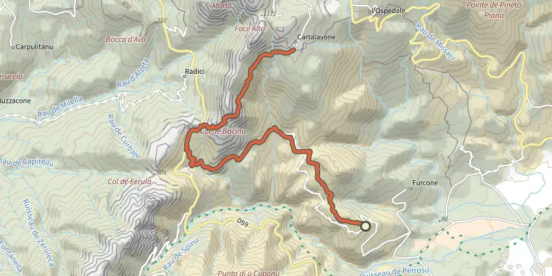 Carte du tracé de Sentier Cartalavone - Pascialeddu sur le Plan IGN, départ et points de passage numérotés
