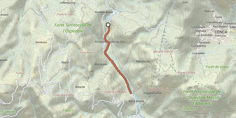 Carte du tracé de Sentier Retour du Ponte di Marionu sur le Plan IGN, départ et points de passage numérotés