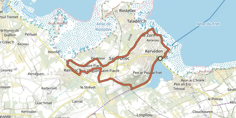 Carte du tracé de La balade de Saint-Fiacre sur le Plan IGN, départ et points de passage numérotés