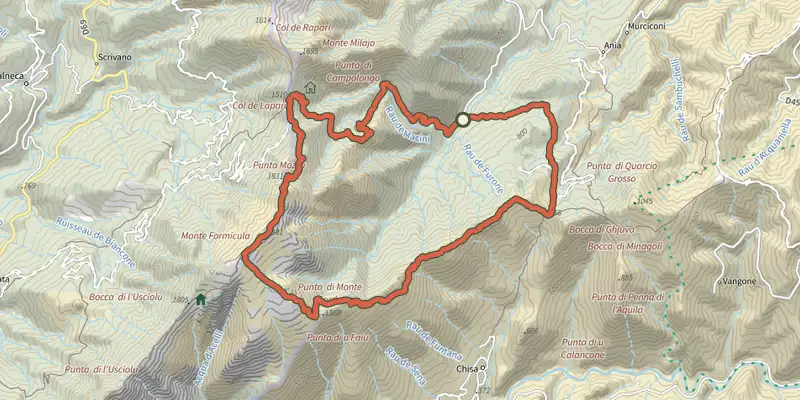 Map of the Corsa di a Furmicula track on the IGN map, with the start and numbered waypoints