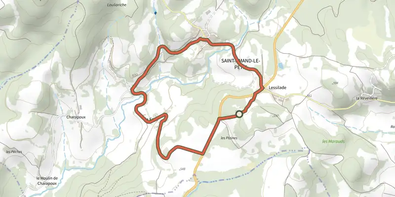 Carte du tracé de Découverte du Patrimoine de Saint-Amand-le-Petit sur le Plan IGN, départ et points de passage numérotés