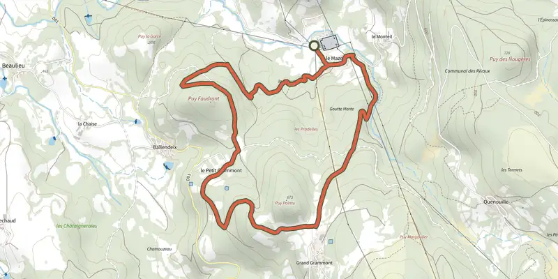 Carte du tracé de Circuit des Grammonts sur le Plan IGN, départ et points de passage numérotés