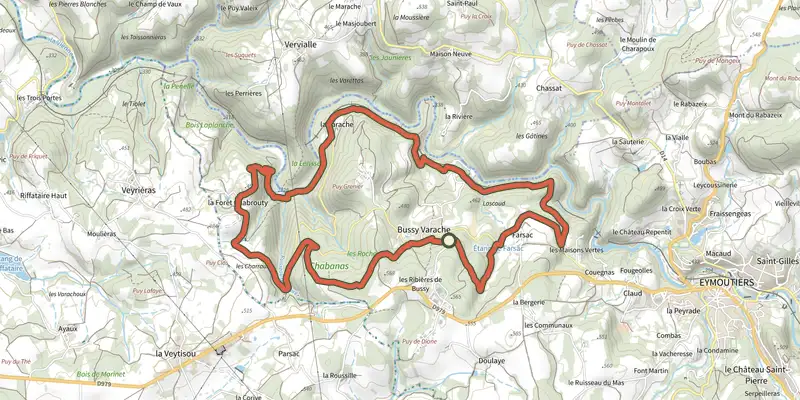 Carte du tracé de Grand circuit des gorges de la Vienne sur le Plan IGN, départ et points de passage numérotés