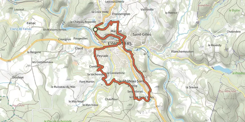 Map of the Le tour d'Eymoutiers track on the IGN map, with the start and numbered waypoints