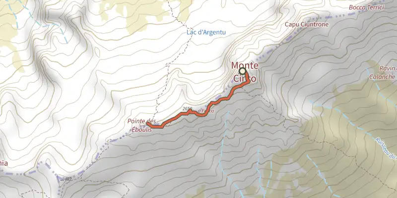 Carte du tracé de Monte Cinto sur le Plan IGN, départ et points de passage numérotés