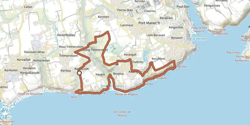 Map of the Circuit de l'Anse de Rospico track on the IGN map, with the start and numbered waypoints