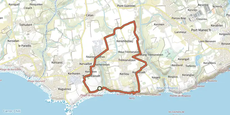 Map of the Circuit des Chaumières de Kercanic track on the IGN map, with the start and numbered waypoints