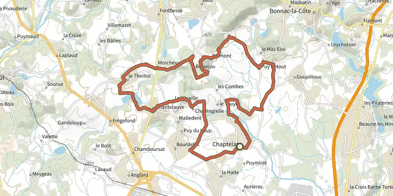 Map of the Circuit de la colline catalacoise track on the IGN map, with the start and numbered waypoints