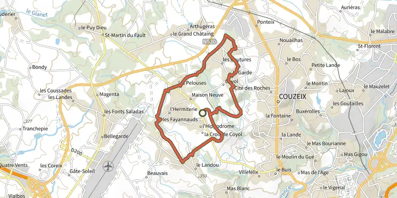 Map of the Circuit des Cavaliers track on the IGN map, with the start and numbered waypoints