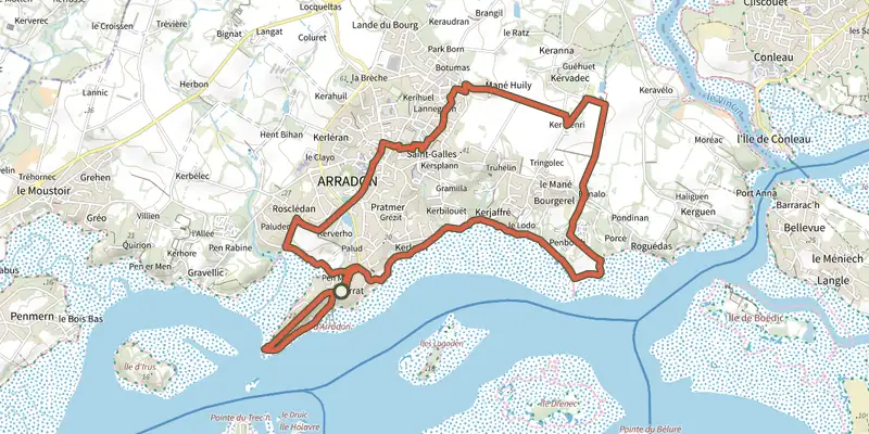 Map of the Circuit des deux pointes track on the IGN map, with the start and numbered waypoints