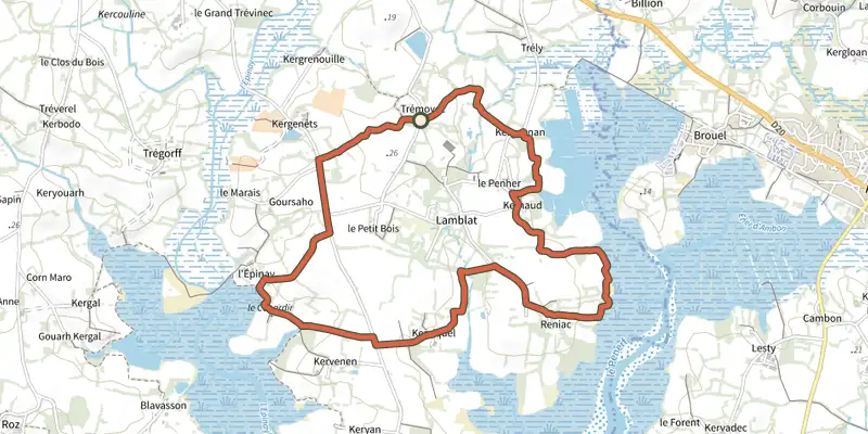 Carte du tracé de Les Landes de Lamblat sur le Plan IGN, départ et points de passage numérotés