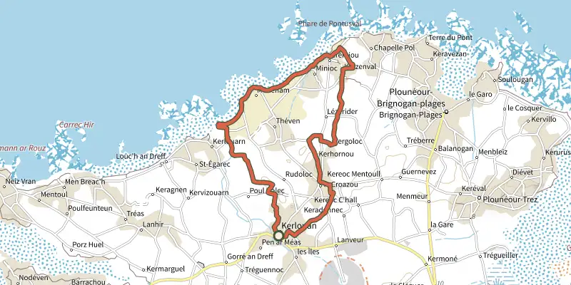 Map of the Entre Terre et Mer track on the IGN map, with the start and numbered waypoints