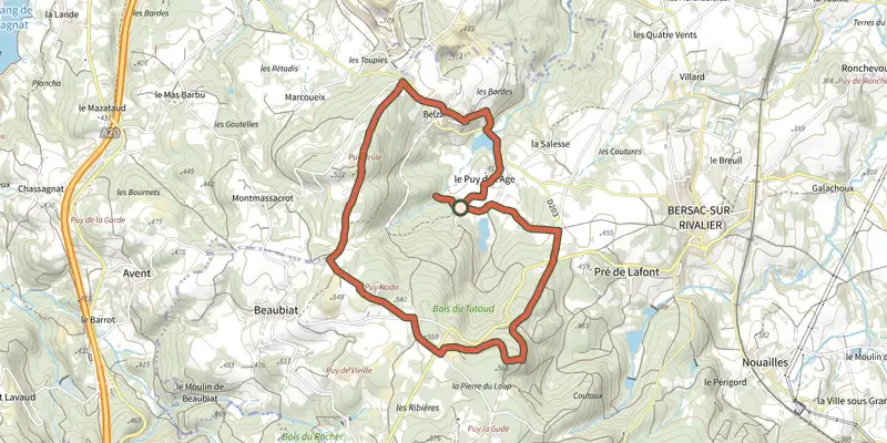Map of the La Loge du Puy de l"Age track on the IGN map, with the start and numbered waypoints