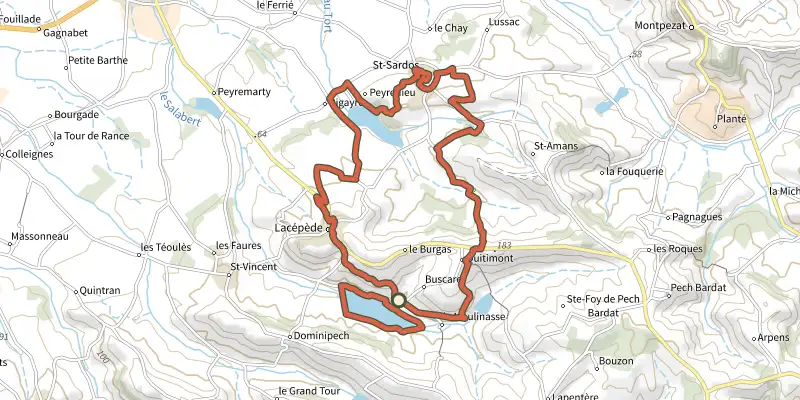 Carte du tracé de Saint-Sardos / Lacépède sur le Plan IGN, départ et points de passage numérotés