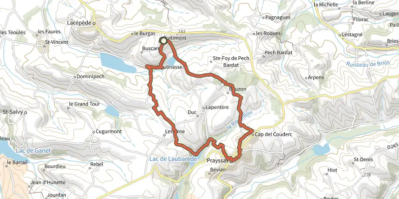 Carte du tracé de Prayssas / Quittimont sur le Plan IGN, départ et points de passage numérotés