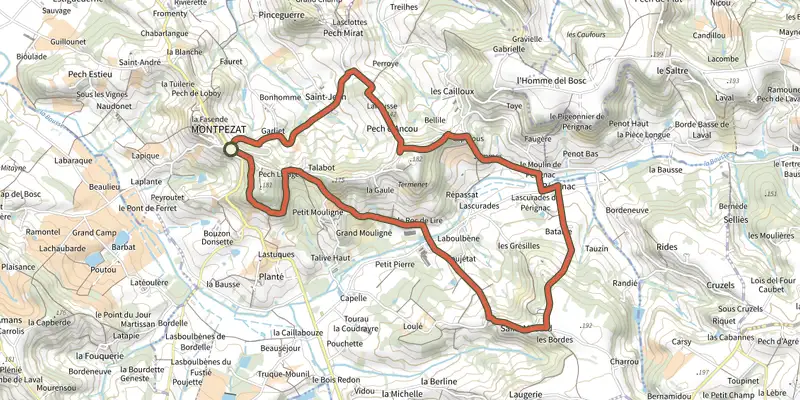 Carte du tracé de Montpezat-d’Agenais, par St-Médard et St-Jean-de-la-Balerme sur le Plan IGN, départ et points de passage numérotés