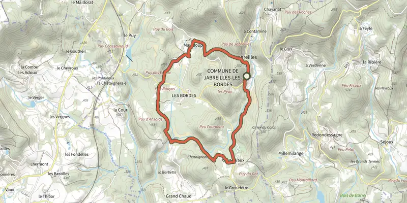 Map of the Jabreilles/Maucloup/Grand-Vaux track on the IGN map, with the start and numbered waypoints