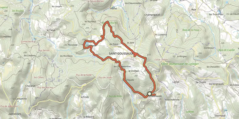 Map of the Saint-Goussaud 4 : Bois de roche track on the IGN map, with the start and numbered waypoints