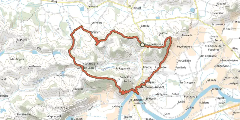 Map of the Castelmoron-sur-Lot, un port fluvial sur le Lot track on the IGN map, with the start and numbered waypoints